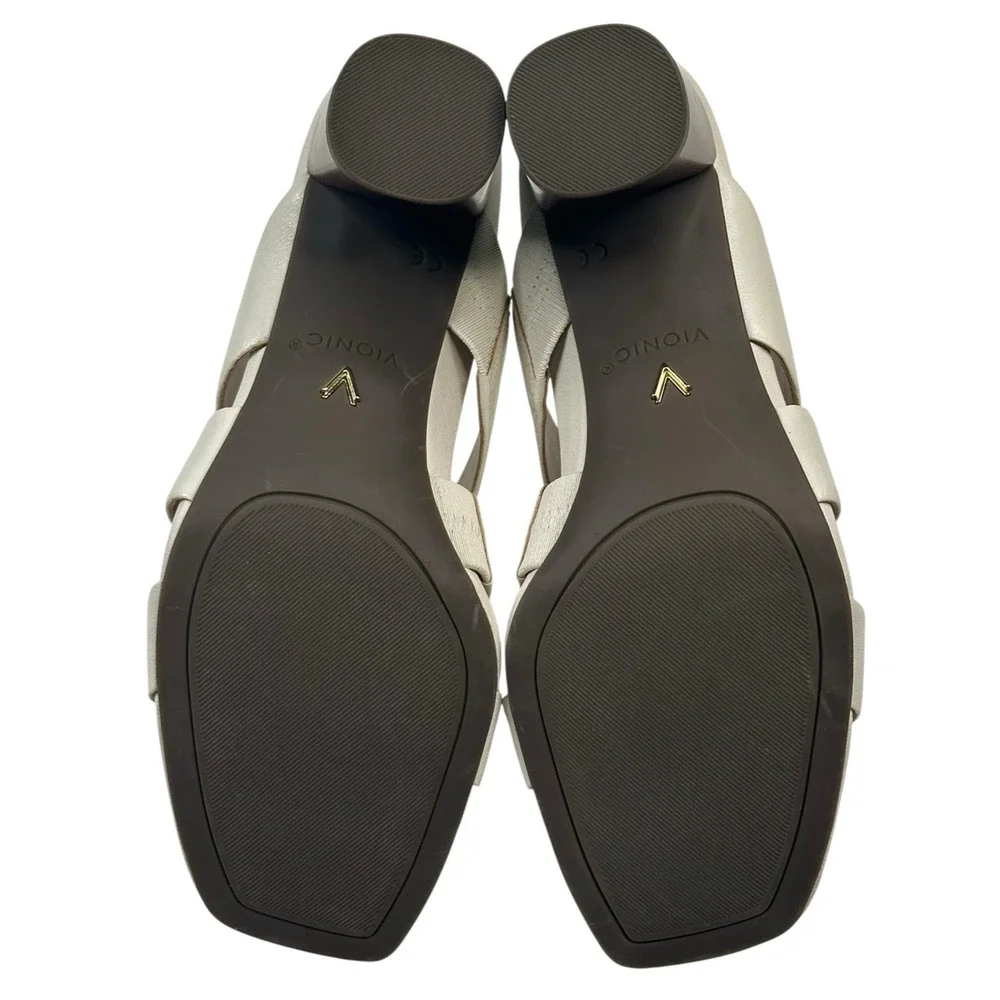 Vionic Merlot Heeled Slide Sandals Cream Leather Womens Size 8 New $150